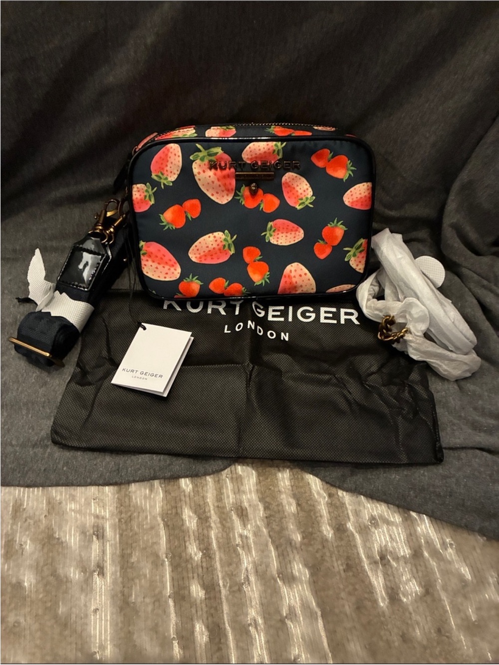 Kurt Geiger Navy Strawberry Print Camera Bag